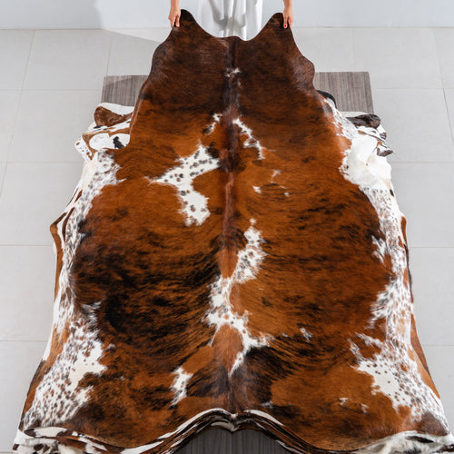 Tricolor Brindle Mix Cowhide Rug Size 7'8" L x 7'0" W 4173