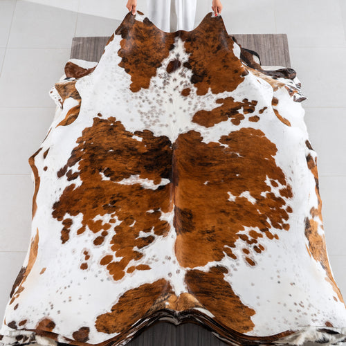White Tricolor Cowhide Rug Size 7'1" L x 6'11" W 4177