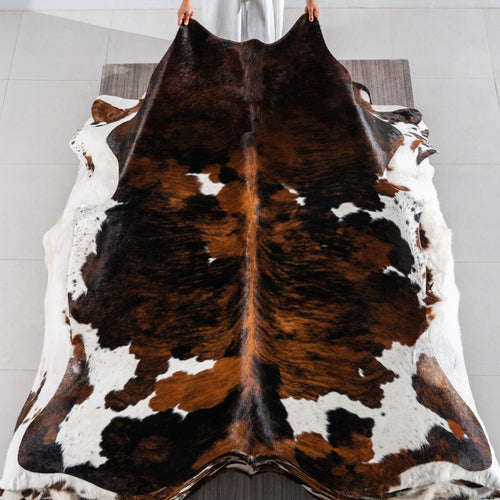 Tricolor Brindle Mix Cowhide Rug Size 7'2" L x 6'7" W 4181