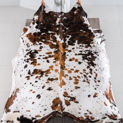 White Tricolor Cowhide Rug Size 7'7" L x 6'5" W 4183