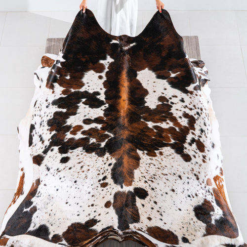 White Tricolor Cowhide Rug Size 7'1" L x 6'8" W 4186