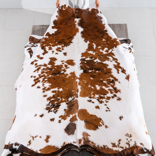 White Tricolor Cowhide Rug Size 7'8" L x 7'0" W 4193