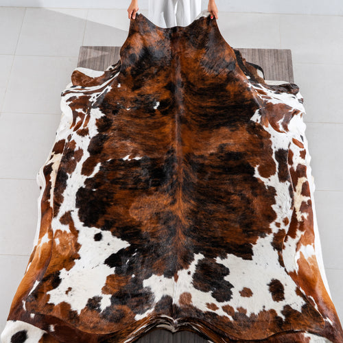 Tricolor Brindle Mix Cowhide Rug Size 7'2" L x 6'0" W 4196