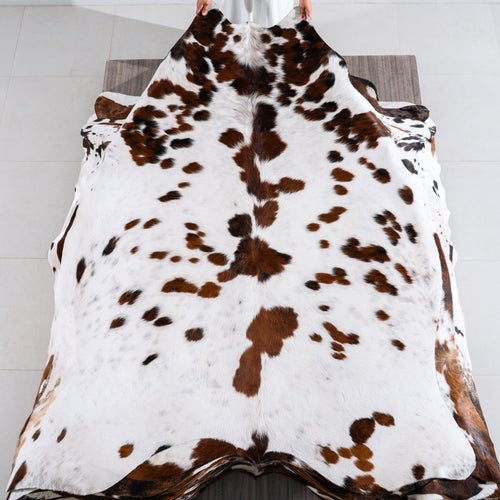 White Tricolor Cowhide Rug Size 7'7" L x 6'10" W 4208