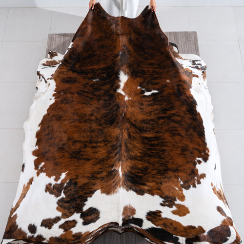 Tricolor Brindle Mix Cowhide Rug Size 7'9" L x 7'0" W 4215