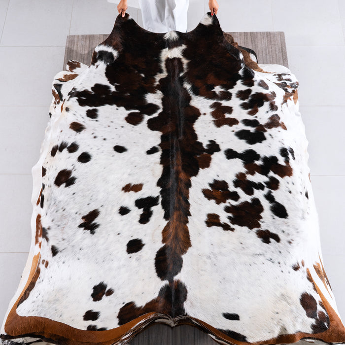 White Tricolor Cowhide Rug Size 7'3" L x 6'9" W 4220