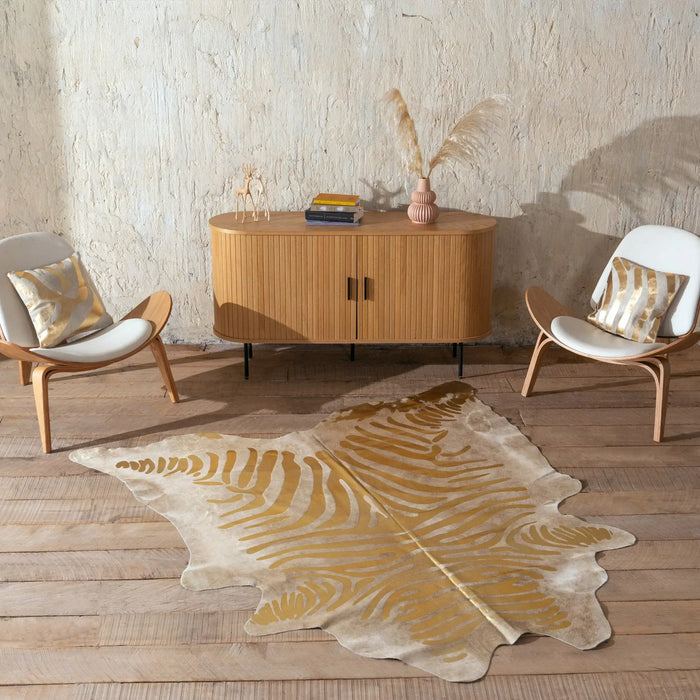Zebra Gold Metallic Cowhide Rug , Natural Suede Leather | eCowhides