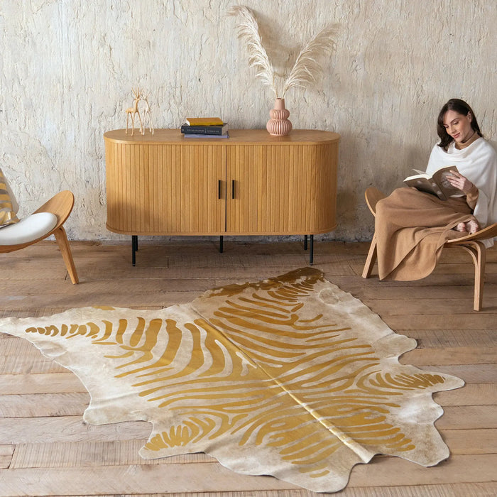 Zebra Gold Metallic Cowhide Rug , Natural Suede Leather | eCowhides
