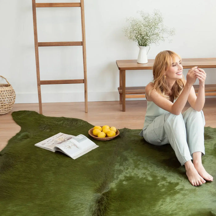 Green Dyed Cowhide Rug , Natural Suede Leather | eCowhides