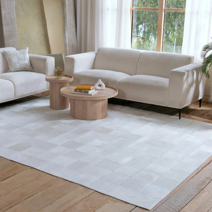 Rhodes White Cowhide Rug, Natural Suede Leather | eCowhides