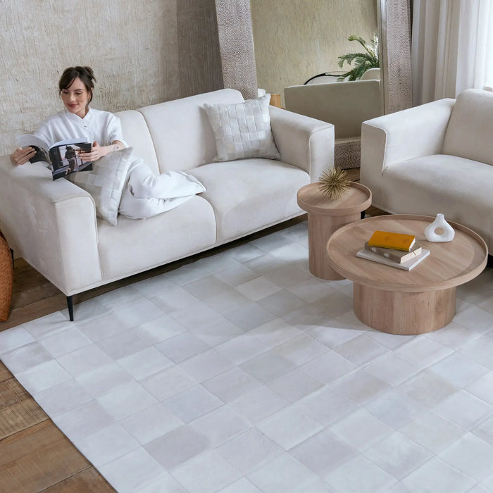 Rhodes White Cowhide Rug, Natural Suede Leather | eCowhides