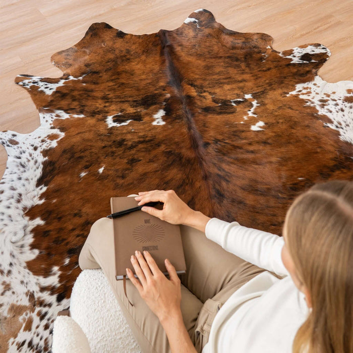 Cowhide Rug Tricolor Brindle Mix , Natural Suede Leather | eCowhides