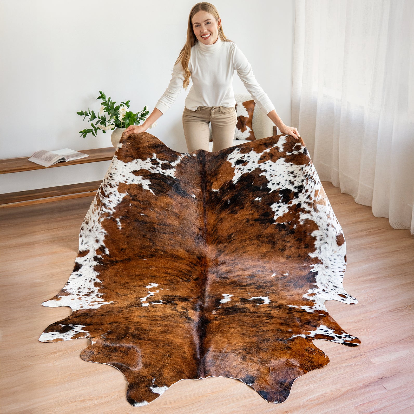 Cowhide Rug Tricolor Brindle Mix , Natural Suede Leather | eCowhides