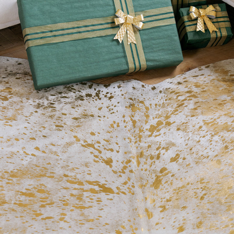 Gold Metallic On White Cowhide Rug