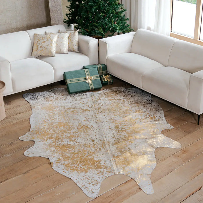 Gold Metallic on White Cowhide Rug