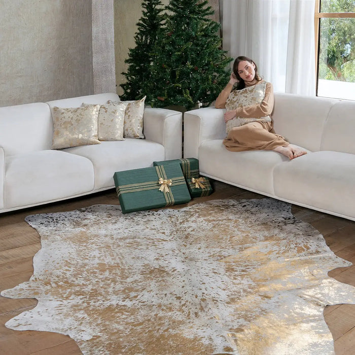 Gold Metallic On White Cowhide Rug