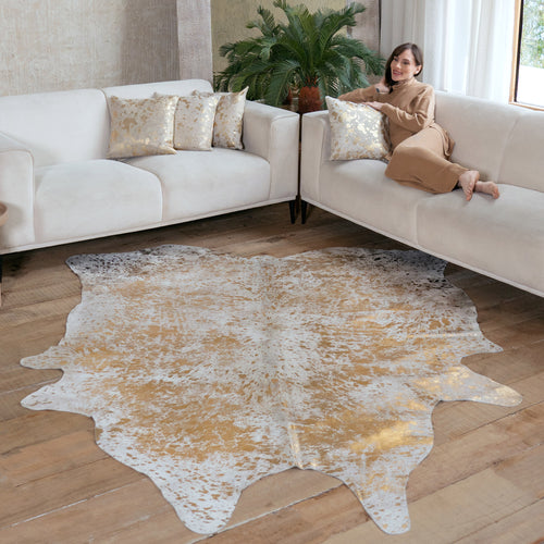 Gold Metallic On White Cowhide Rug