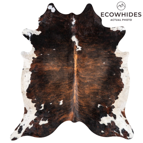 Vintage Dark Tricolor Cowhide Rug Size 7'5" L x 6'6" W 2124