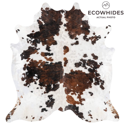 Vintage White Tricolor Cowhide Rug Size 7'4" L x 6'9" W 2177