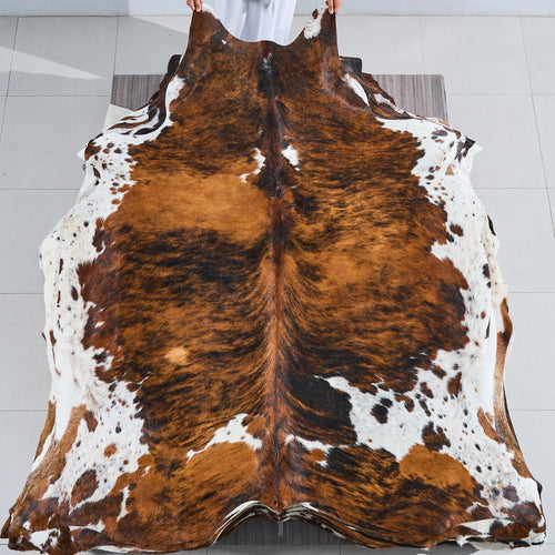 Tricolor Brindle Mix Cowhide Rug Size 7'4" L x 6'7" W 2801