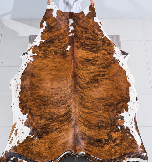 Tricolor Brindle Mix Cowhide Rug Size 8'2" L x 6'10" W 2808