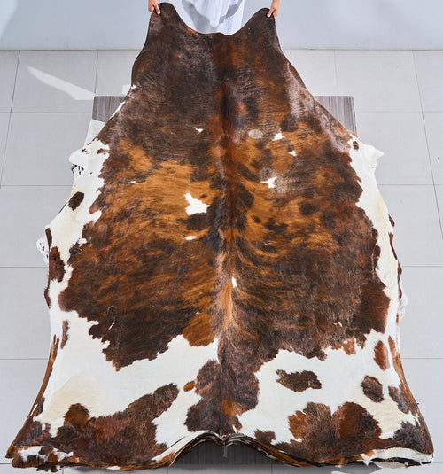 Tricolor Brindle Mix Cowhide Rug Size 8'5" L x 7'4" W 2814