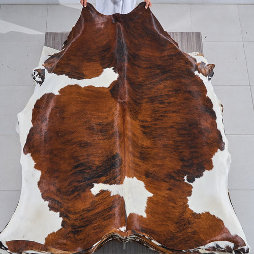 Tricolor Brindle Mix Cowhide Rug Size 7'3" L x 6'11" W 2836