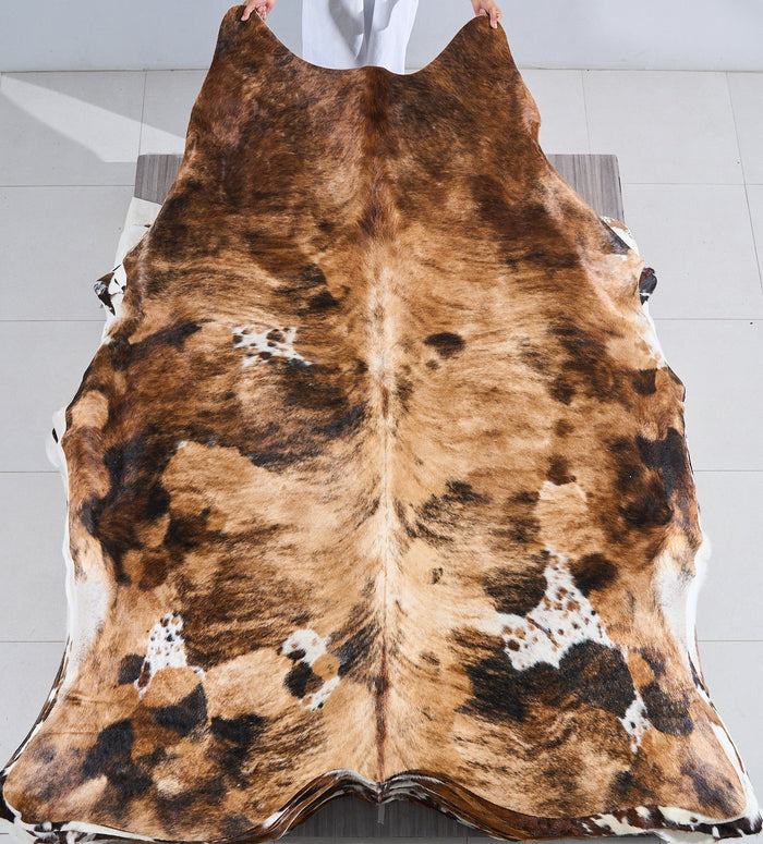 Tricolor Brindle Mix Cowhide Rug Size 7'11" L x 6'7" W 2842
