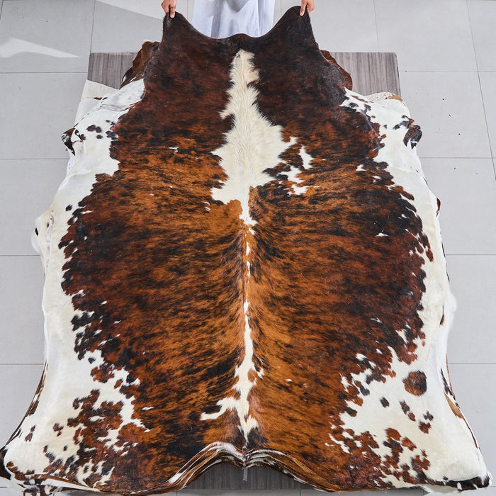Tricolor Brindle Mix Cowhide Rug Size 7'3" L x 6'7" W 2844