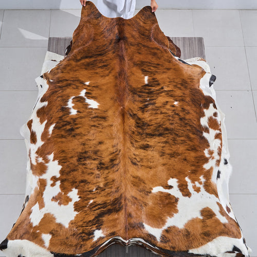 Tricolor Brindle Mix Cowhide Rug Size 7'9" L x 6'9" W 2868