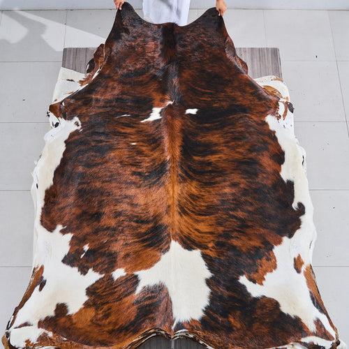 Tricolor Brindle Mix Cowhide Rug Size 7'8" L x 6'11" W 2890