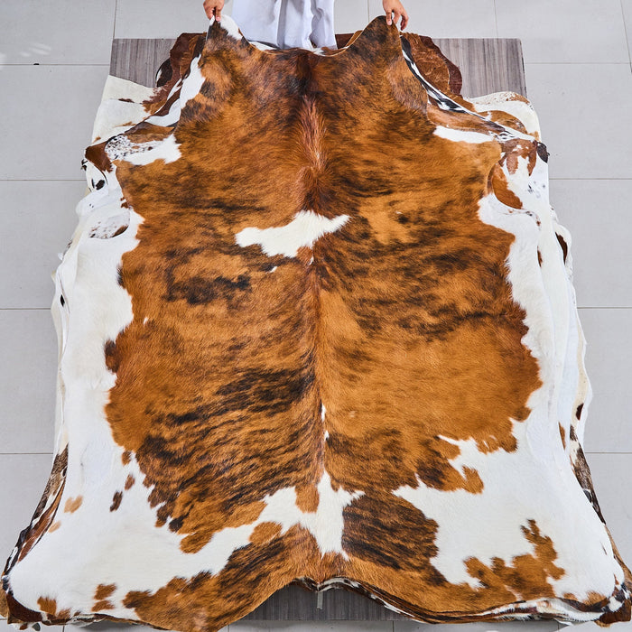 Tricolor Brindle Mix Cowhide Rug Size 7'1" L x 6'5" W 2894