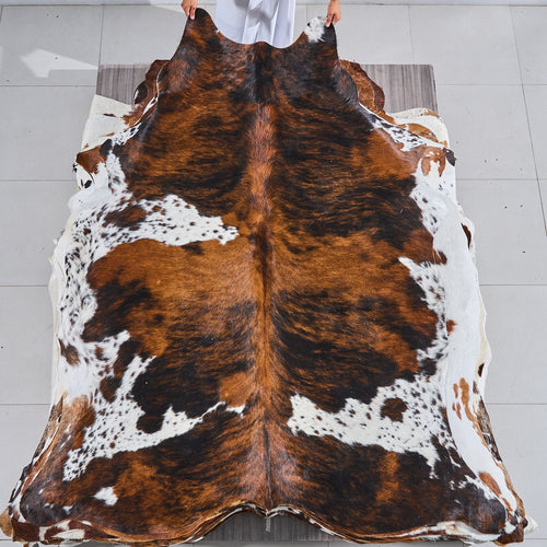 Tricolor Brindle Mix Cowhide Rug Size 7'4" L x 6'4" W 2897