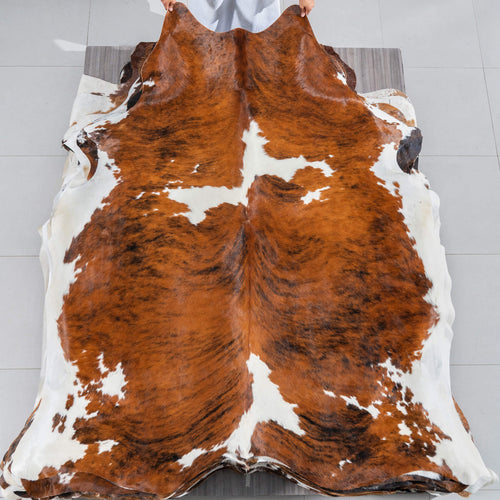 Tricolor Brindle Mix Cowhide Rug Size 7'6" L x 6'9" W 2913