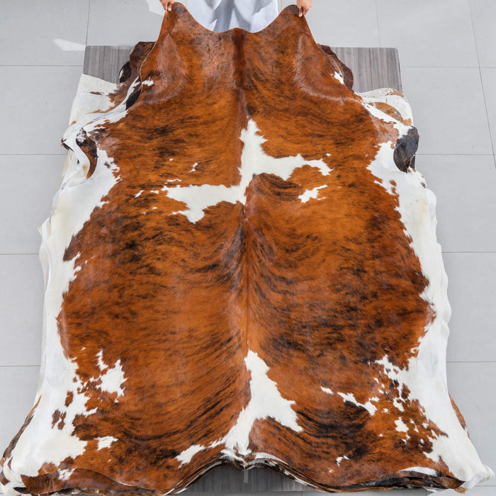 Tricolor Brindle Mix Cowhide Rug Size 7'6" L x 6'9" W 2913