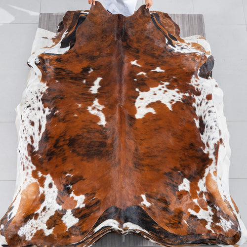 Tricolor Brindle Mix Cowhide Rug Size 7'3" L x 6'4" W 2915
