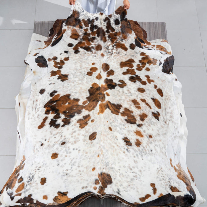 White Tricolor Cowhide Rug Size 7'4" L x 6'4" W 2918
