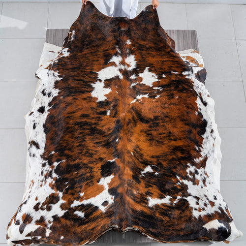 Tricolor Brindle Mix Cowhide Rug Size 7'8" L x 6'9" W 2925
