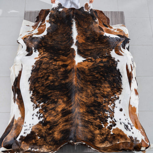 Tricolor Brindle Mix Cowhide Rug Size 7'3" L x 5'9" W 2932