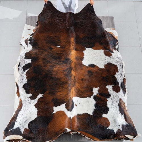 Dark Tricolor Cowhide Rug Size 7'10" L x 7'1" W 2936