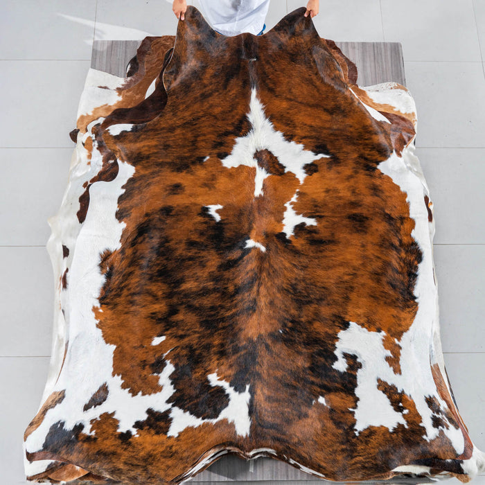 Tricolor Brindle Mix Cowhide Rug Size 7'9" L x 6'8" W 2983