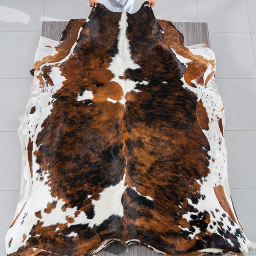 Tricolor Brindle Mix Cowhide Rug Size 7'10" L x 6'11" W 2985