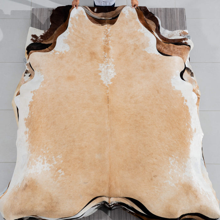 Brazilian Palomino and White Cowhide Rug Size 7'7" L x 7'3" W 3785