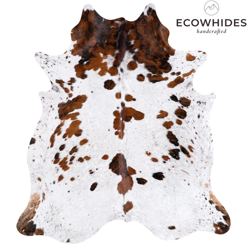 Vintage White Tricolor Cowhide Rug Size 7'3" L x 6'6" W 4305