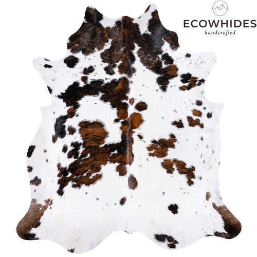 Vintage White Tricolor Cowhide Rug Size 7'2" L x 6'7" W 4309