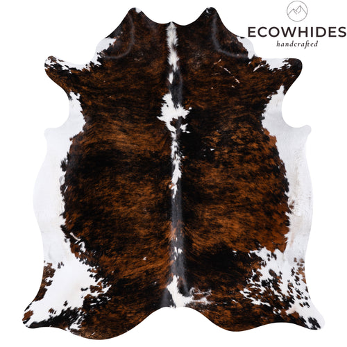 Vintage Tricolor Brindle Mix Cowhide Rug Size 7'1" L x 6'7" W 4359