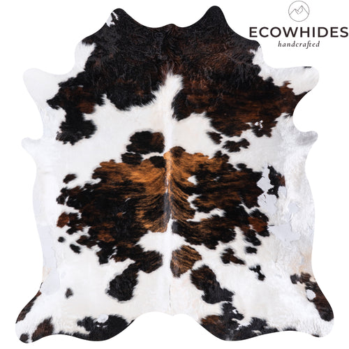 Vintage White Tricolor Cowhide Rug Size 7'2" L x 6'10" W 4369