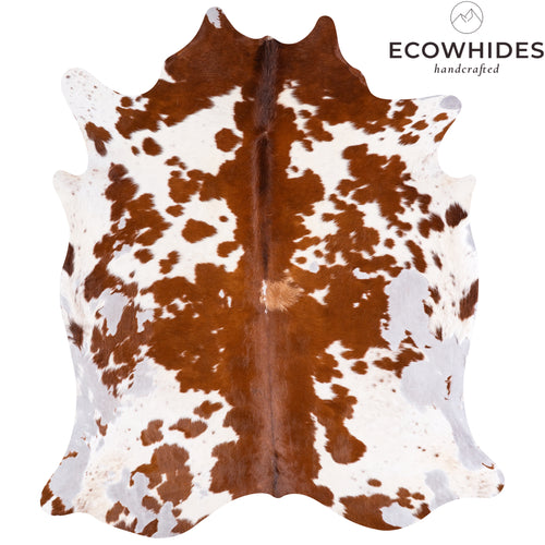 Vintage Brown and White Cowhide Rug Size 6'8" L x 5'11" W 4379