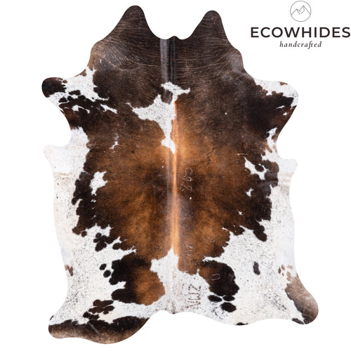 Vintage Chocolate and White Cowhide Rug Size 7'9" L x 6'4" W 5502