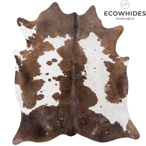 Vintage Chocolate and White Cowhide Rug Size 7'6" L x 6'1" W 5509